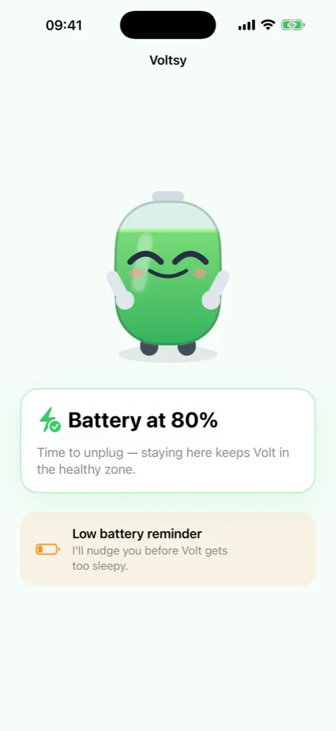 Voltsy alert card reading Battery at 80 percent with a note to unplug, above a low battery reminder row.